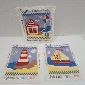 3 Elizabeth Bradley Beach Hut Sail Boat Light House Needlepoint Made Canvas